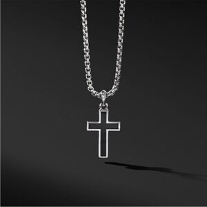 David Yurman Silver Cross Pendant Necklace with Black Inset